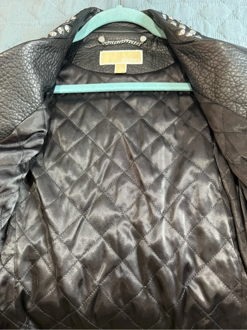 Michael Kors Black Studded Collar Pebbled Leather Moto Jacket